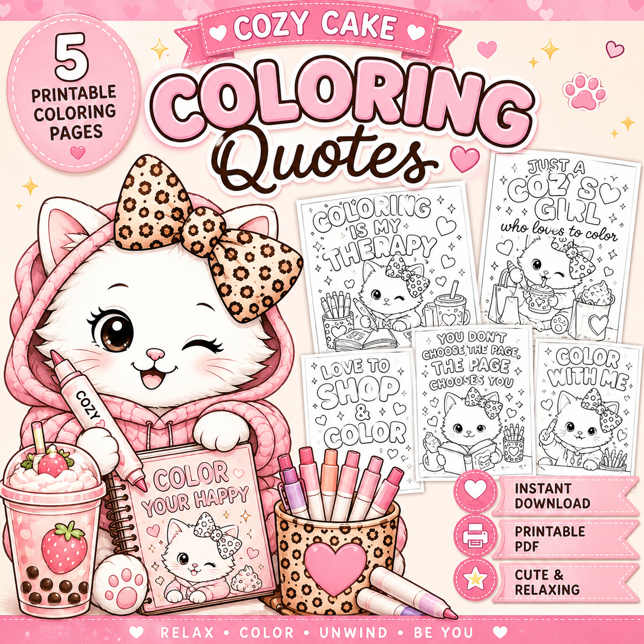 Cozy Cake Coloring Quotes – 5 Printable Coloring Pages