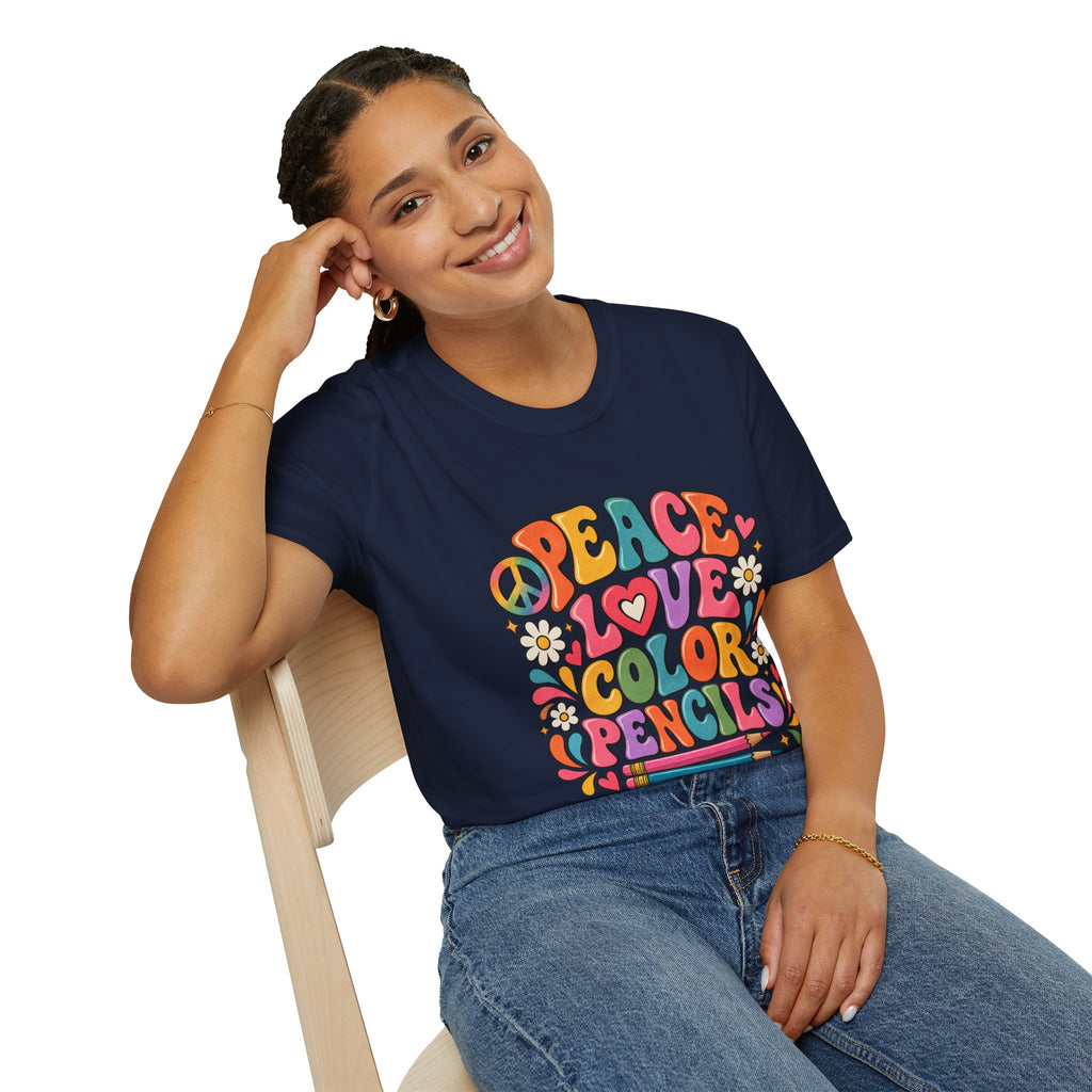 Peace Love Color Pencils T-Shirt — Retro Art Teacher & Artist Gift