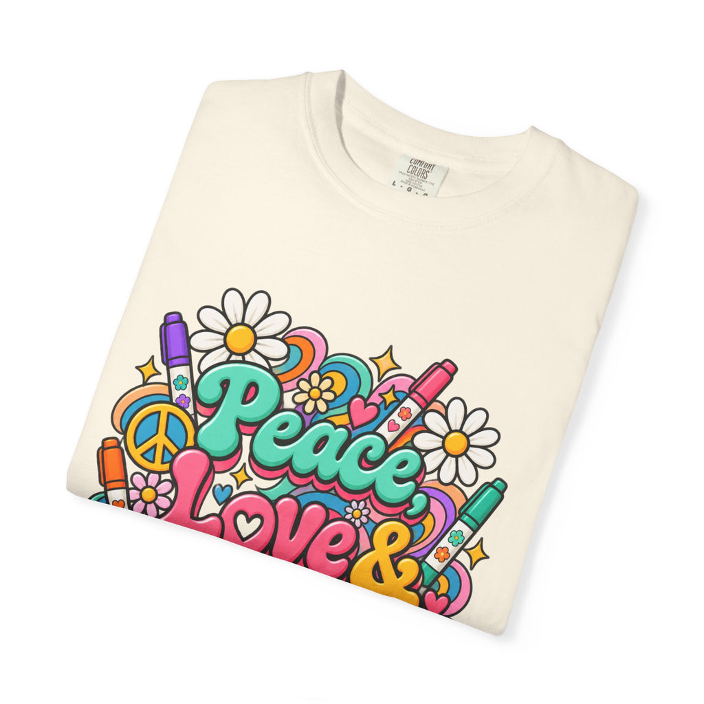 Peace, Love & Coloring T-Shirt — Retro Floral Crayon Graphic Tee