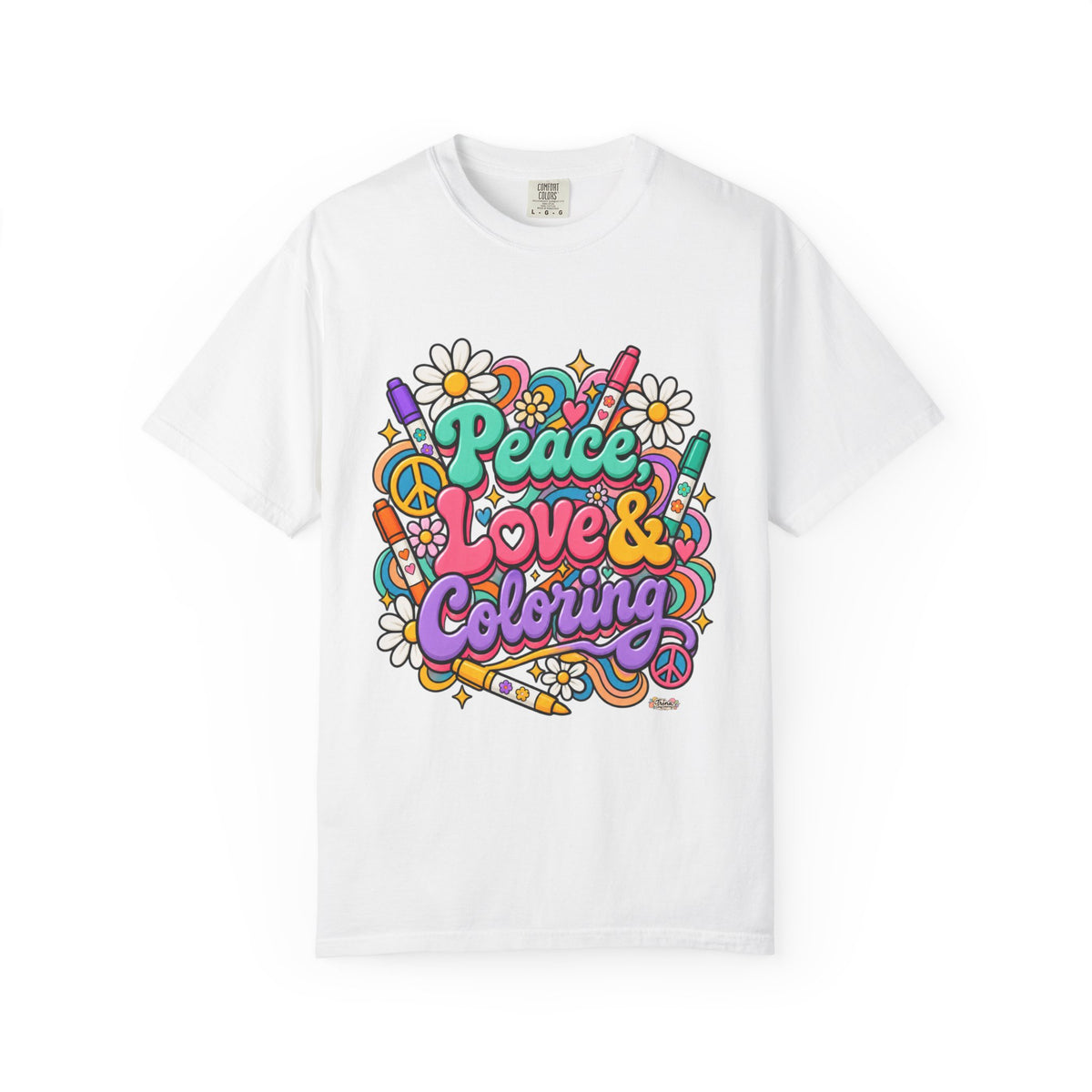 Peace, Love & Coloring T-Shirt — Retro Floral Crayon Graphic Tee