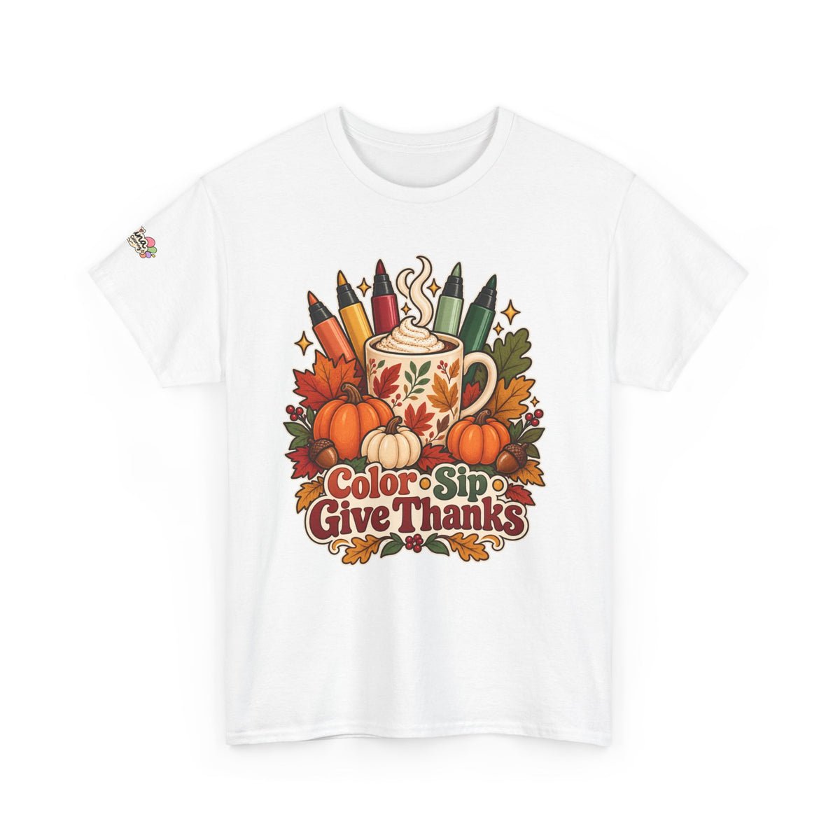 Color, Sip & Give Thanks Tee — Thanksgiving Mug & Fall Art Lovers Shirt