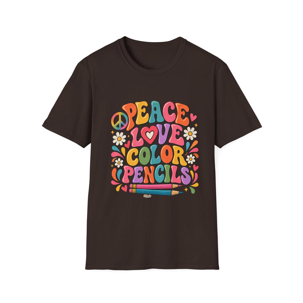 Peace Love Color Pencils T-Shirt — Retro Art Teacher & Artist Gift