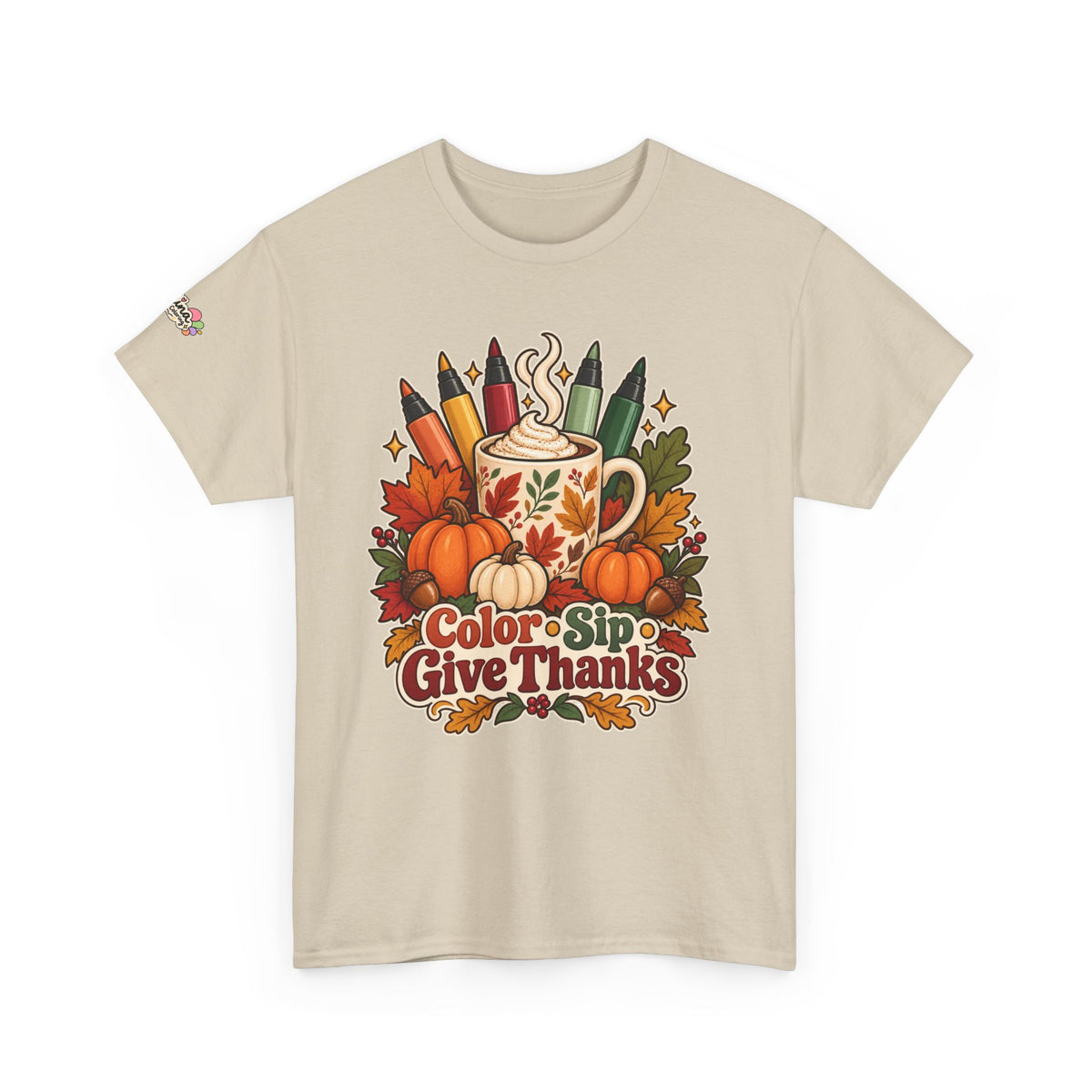 Color, Sip & Give Thanks Tee — Thanksgiving Mug & Fall Art Lovers Shirt