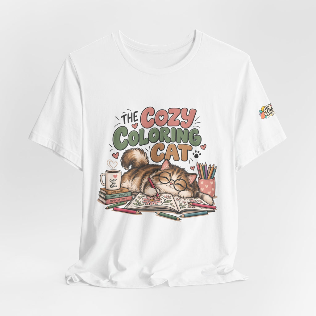 Cozy Coloring Cat T‑Shirt — Cute Cat & Coloring Book Graphic Tee