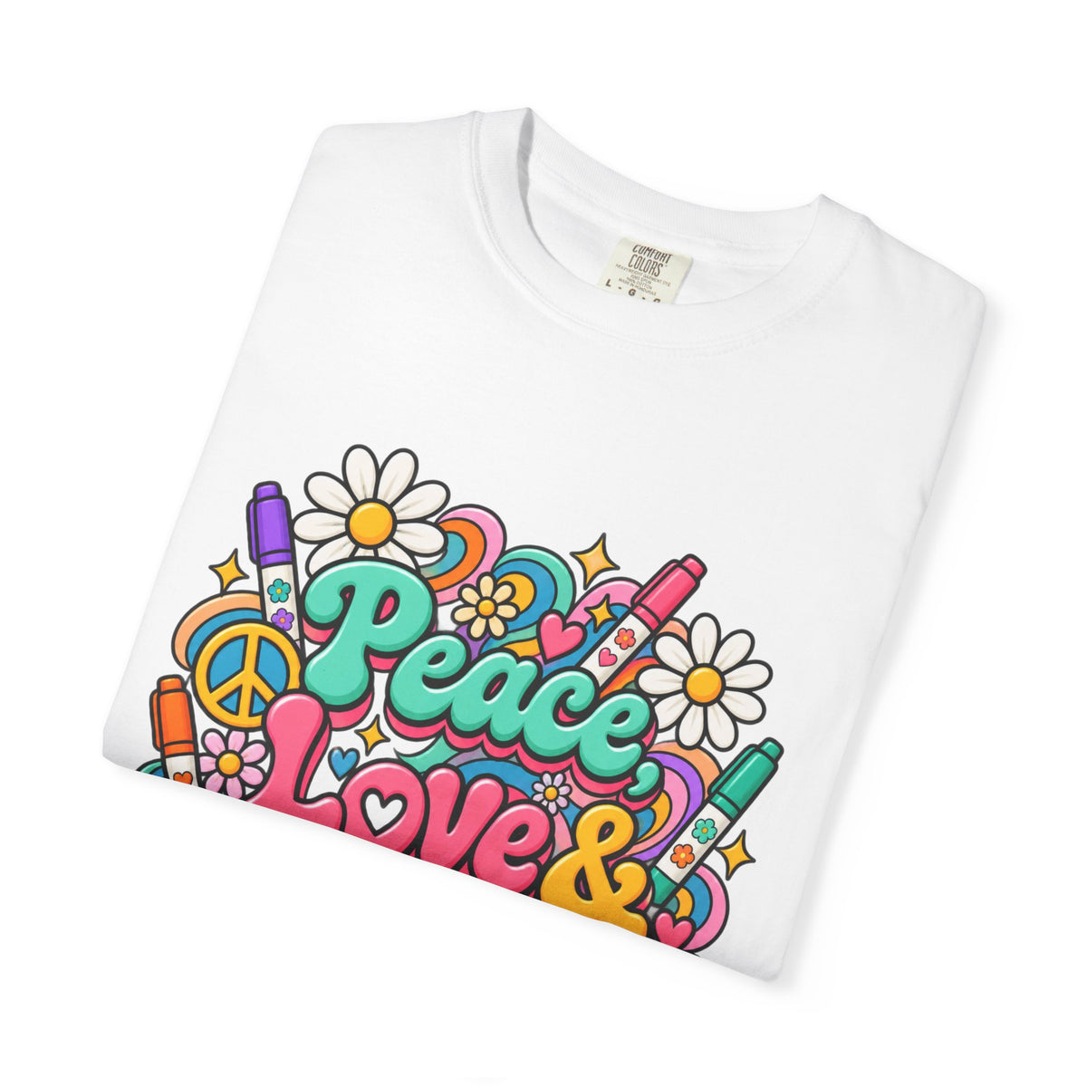 Peace, Love & Coloring T-Shirt — Retro Floral Crayon Graphic Tee