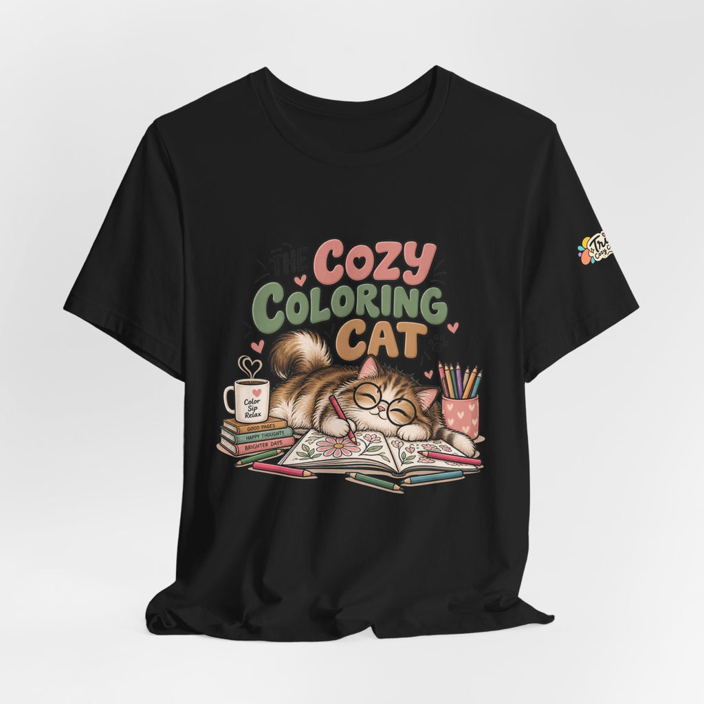 Cozy Coloring Cat T‑Shirt — Cute Cat & Coloring Book Graphic Tee