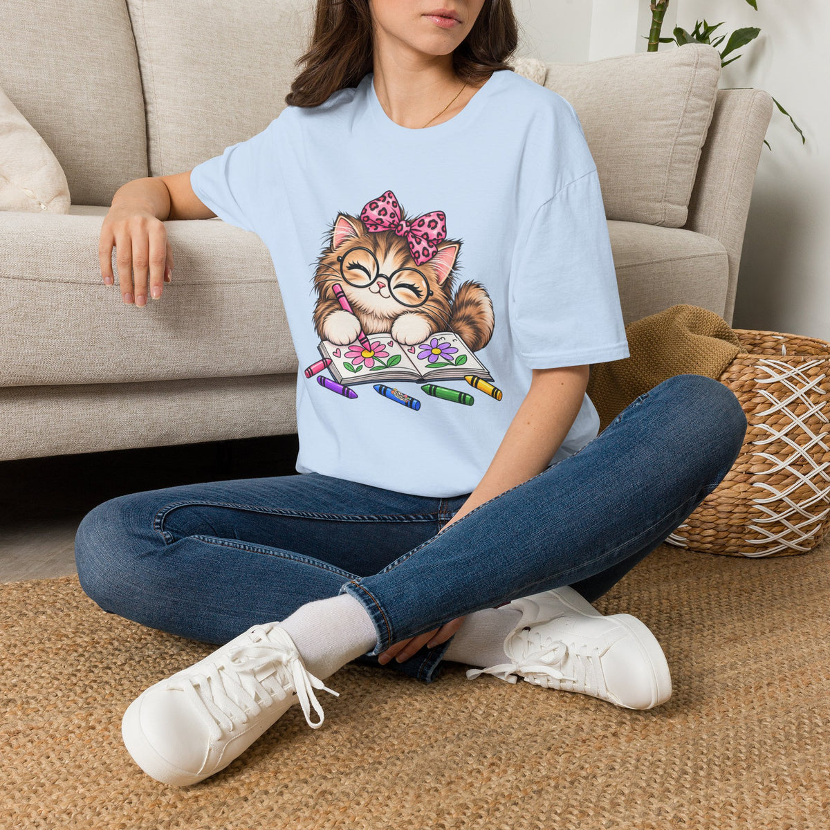 Cute Cat Coloring T-Shirt — Kitty with Crayons Graphic Tee