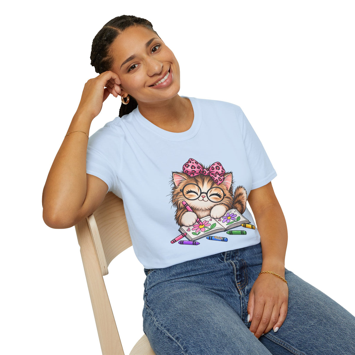 Cute Cat Coloring T-Shirt — Kitty with Crayons Graphic Tee