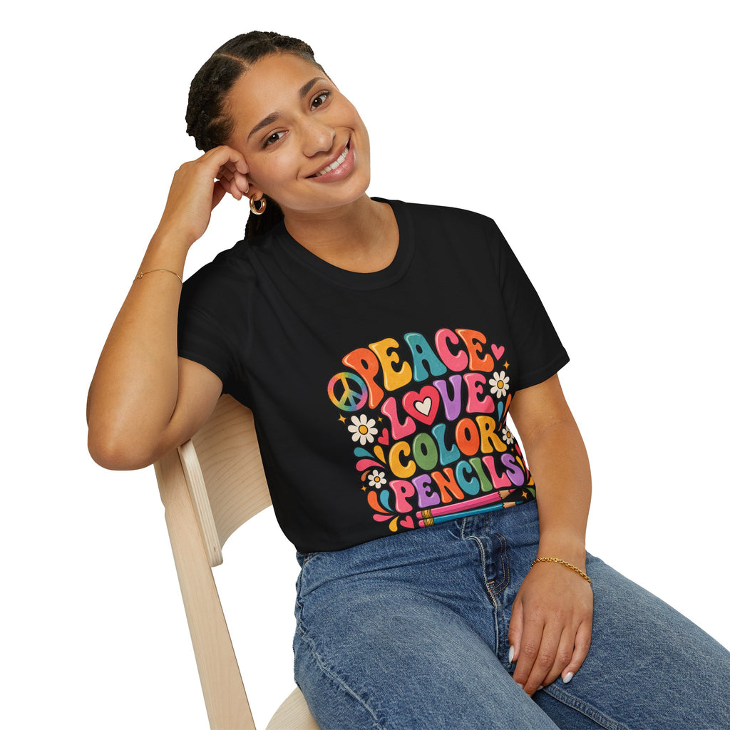 Peace Love Color Pencils T-Shirt — Retro Art Teacher & Artist Gift