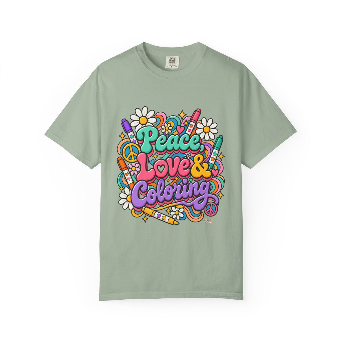 Peace, Love & Coloring T-Shirt — Retro Floral Crayon Graphic Tee