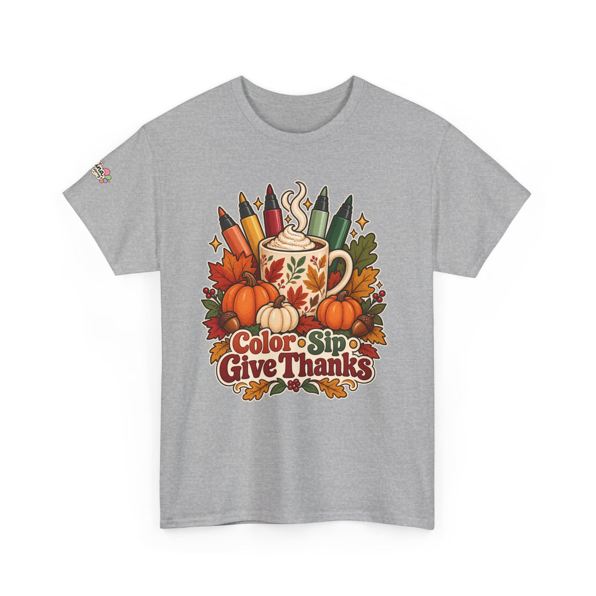 Color, Sip & Give Thanks Tee — Thanksgiving Mug & Fall Art Lovers Shirt
