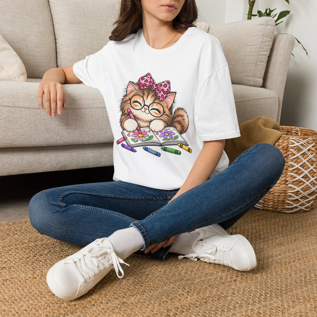 Cute Cat Coloring T-Shirt — Kitty with Crayons Graphic Tee
