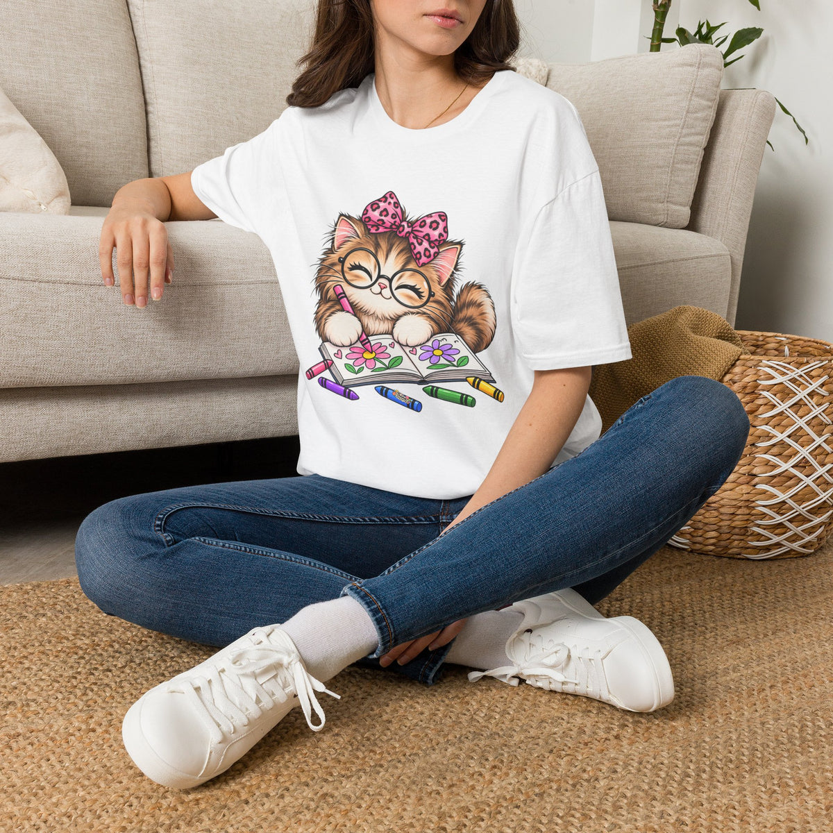 Cute Cat Coloring T-Shirt — Kitty with Crayons Graphic Tee