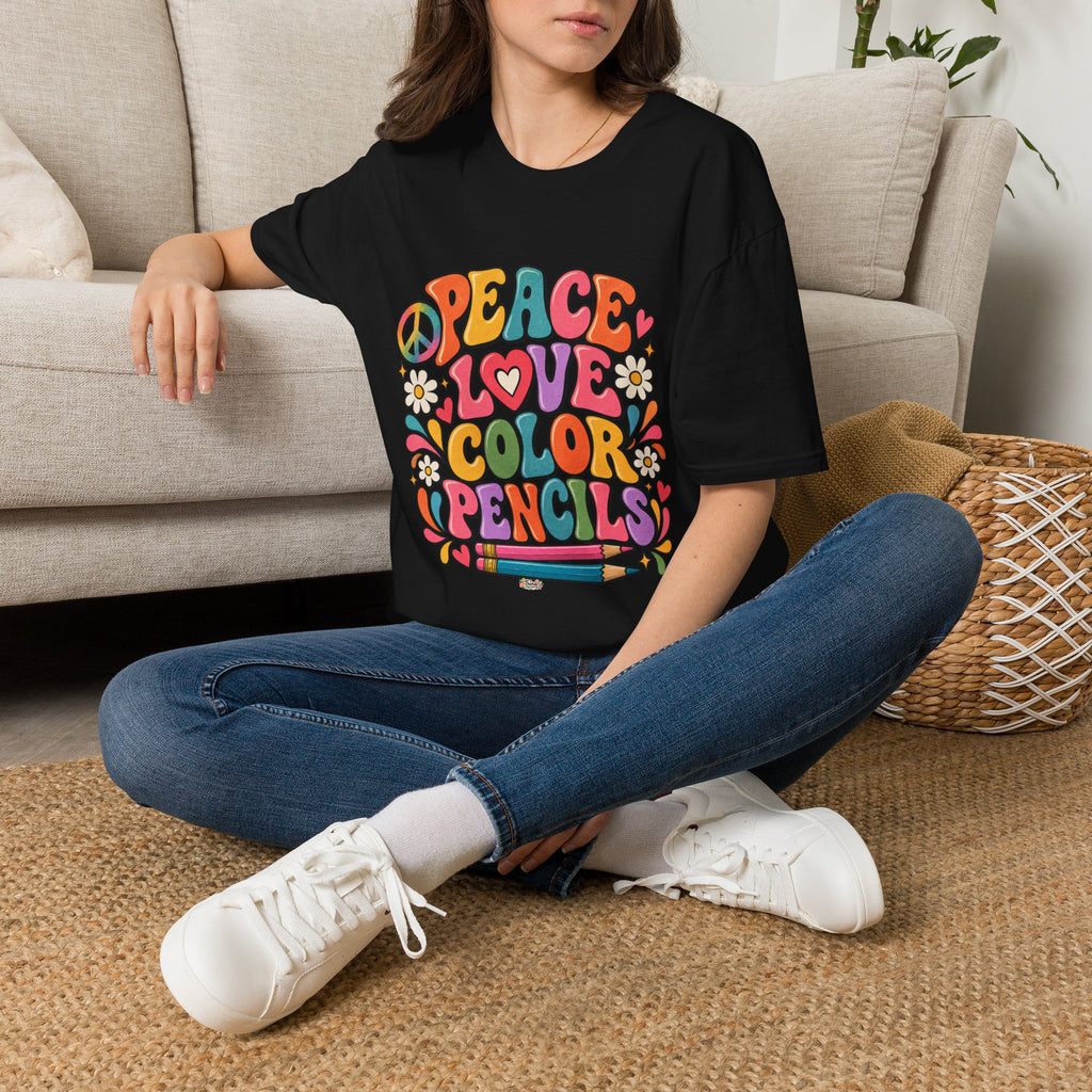 Peace Love Color Pencils T-Shirt — Retro Art Teacher & Artist Gift
