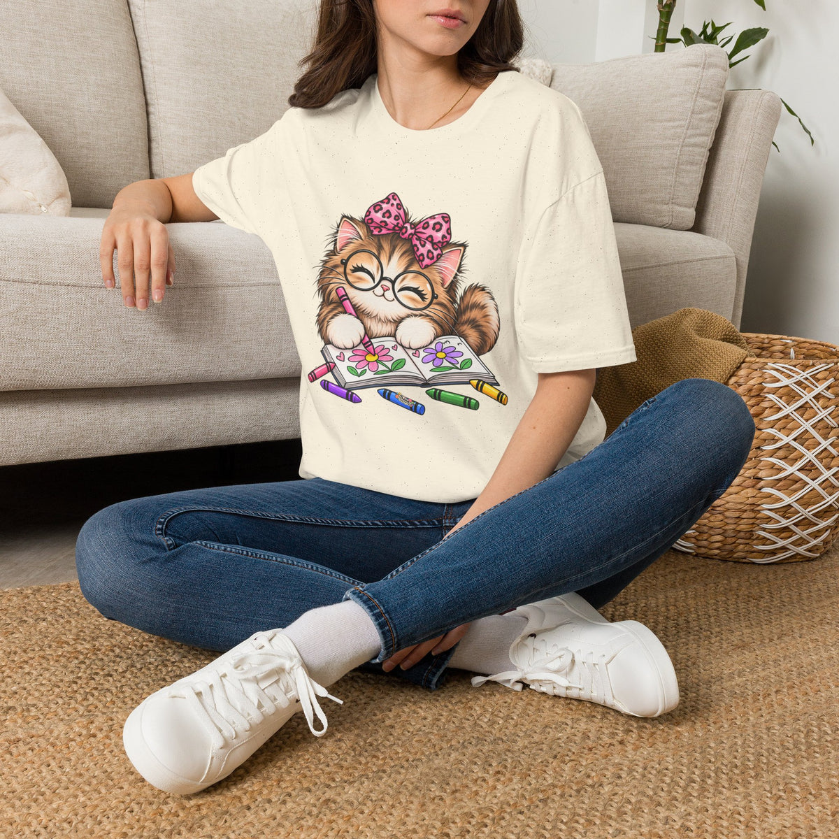 Cute Cat Coloring T-Shirt — Kitty with Crayons Graphic Tee