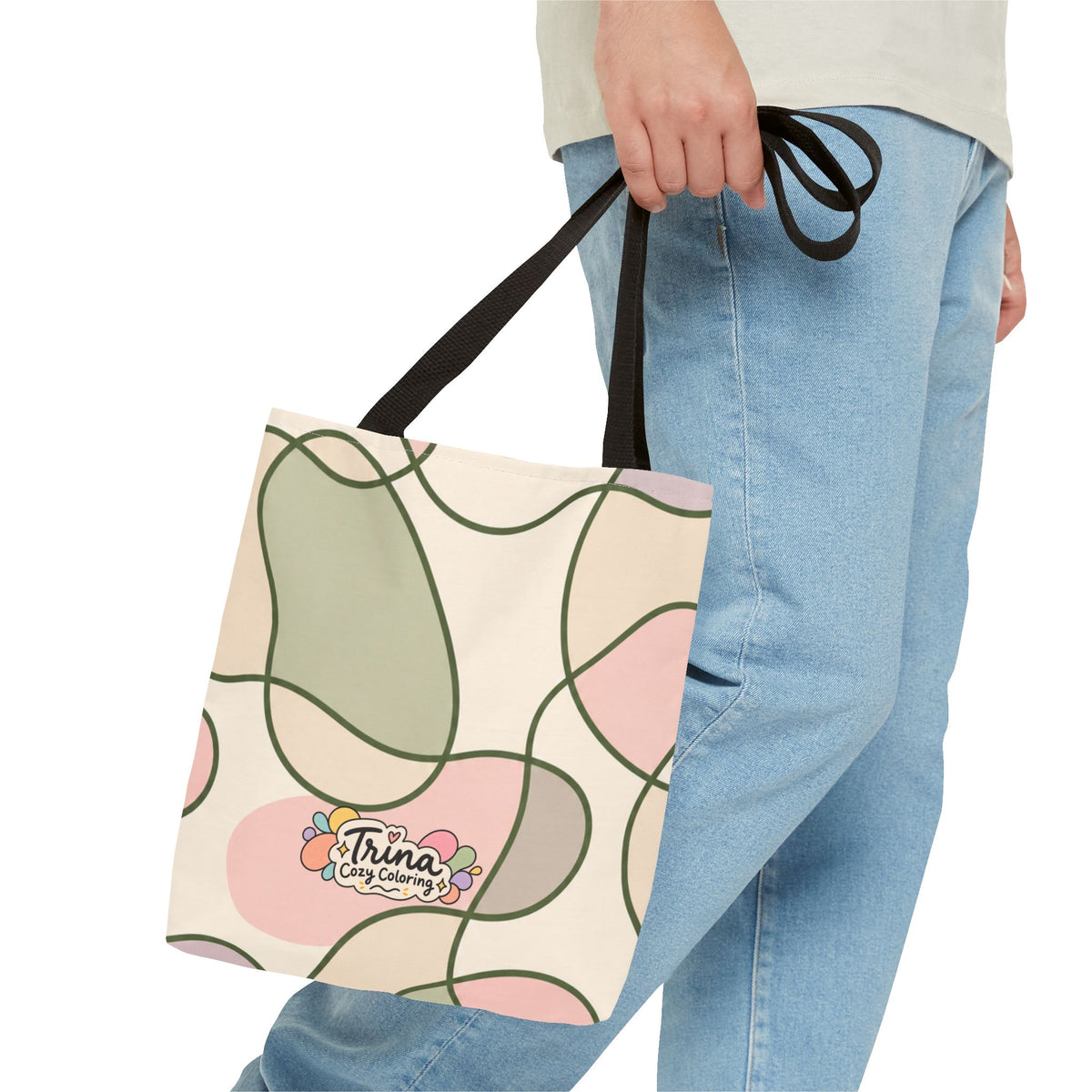 Cozy Meadow, Minimal Abstract Tote Bag – Pastel Loop Pattern, Cute Floral Logo