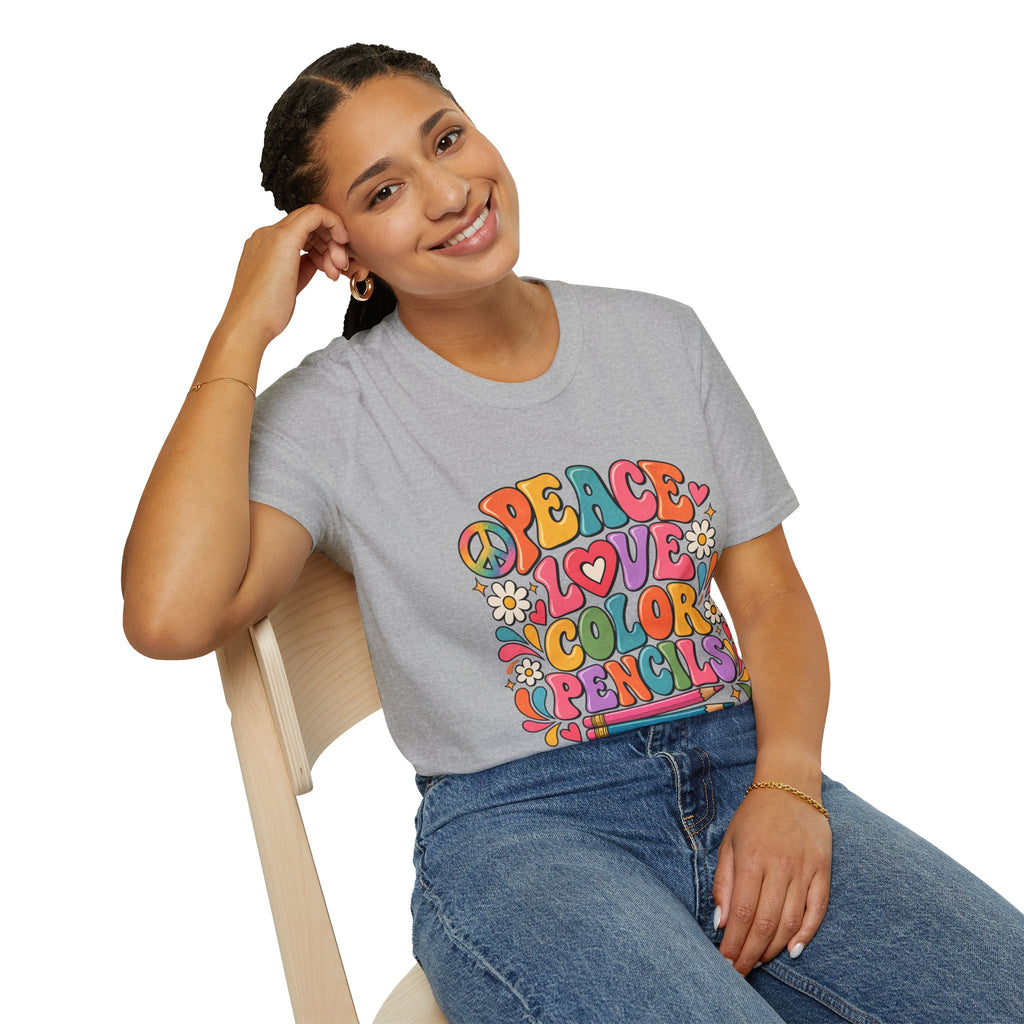 Peace Love Color Pencils T-Shirt — Retro Art Teacher & Artist Gift