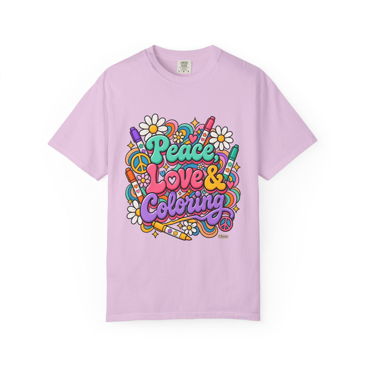 Peace, Love & Coloring T-Shirt — Retro Floral Crayon Graphic Tee