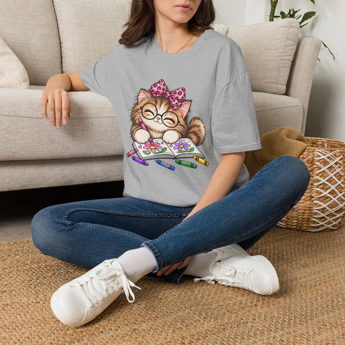 Cute Cat Coloring T-Shirt — Kitty with Crayons Graphic Tee