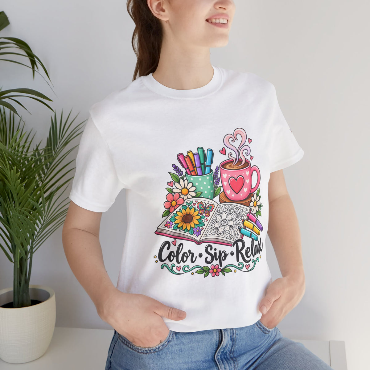 Color, Sip, Relax Tee — Coloring Book & Coffee Graphic T-Shirt