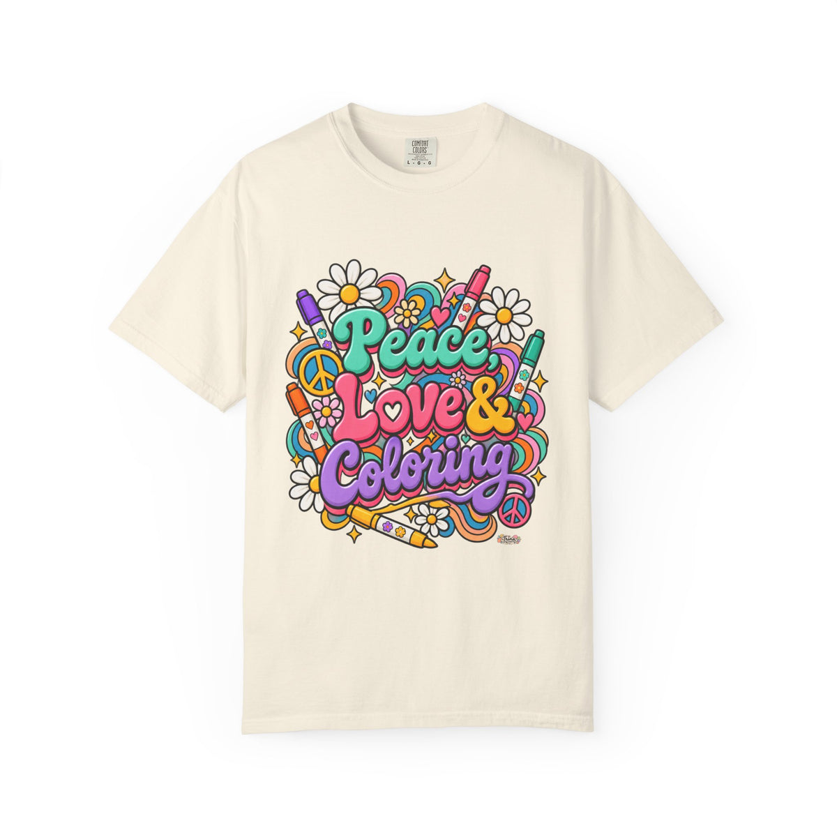 Peace, Love & Coloring T-Shirt — Retro Floral Crayon Graphic Tee