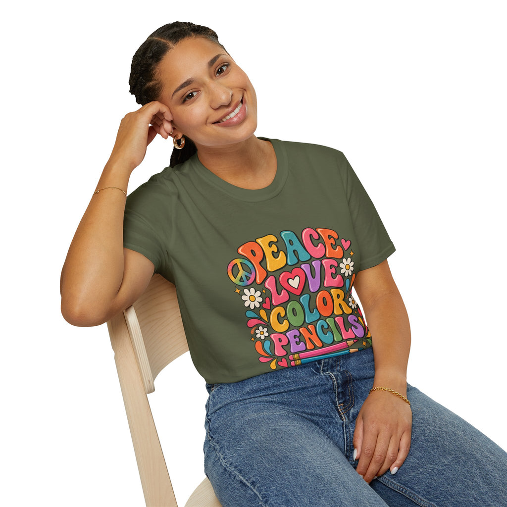 Peace Love Color Pencils T-Shirt — Retro Art Teacher & Artist Gift