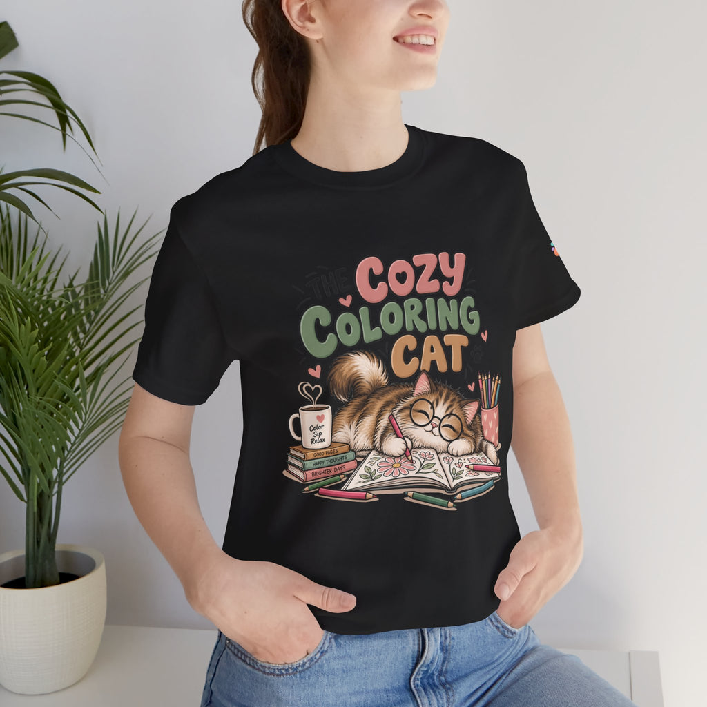 Cozy Coloring Cat T‑Shirt — Cute Cat & Coloring Book Graphic Tee