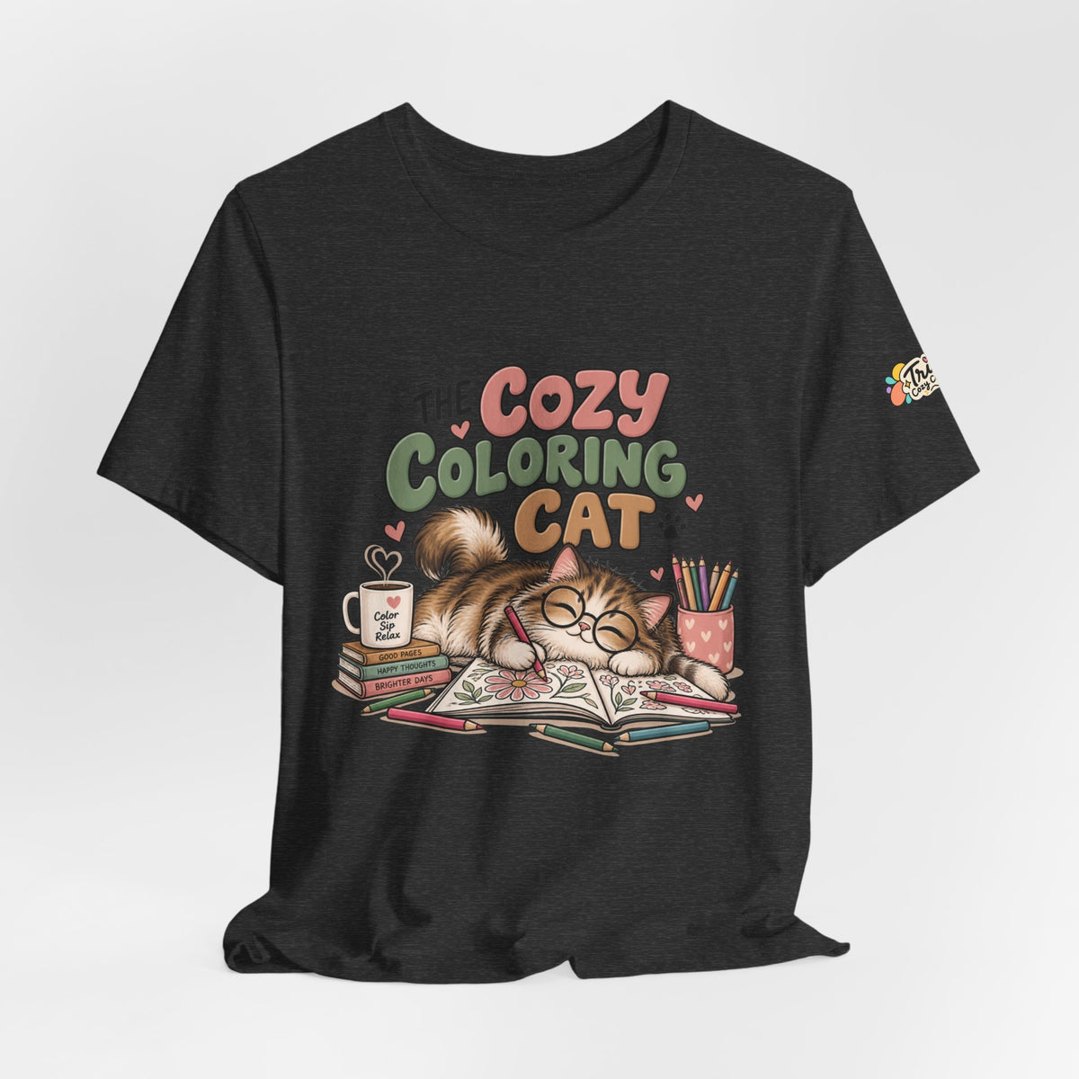 Cozy Coloring Cat T‑Shirt — Cute Cat & Coloring Book Graphic Tee