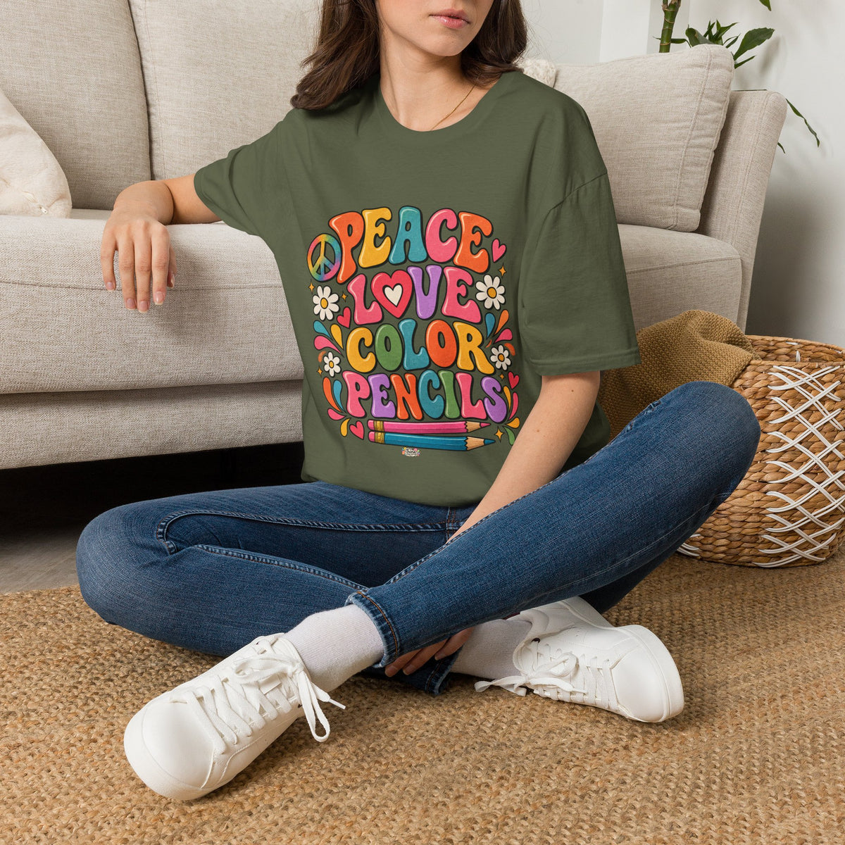 Peace Love Color Pencils T-Shirt — Retro Art Teacher & Artist Gift