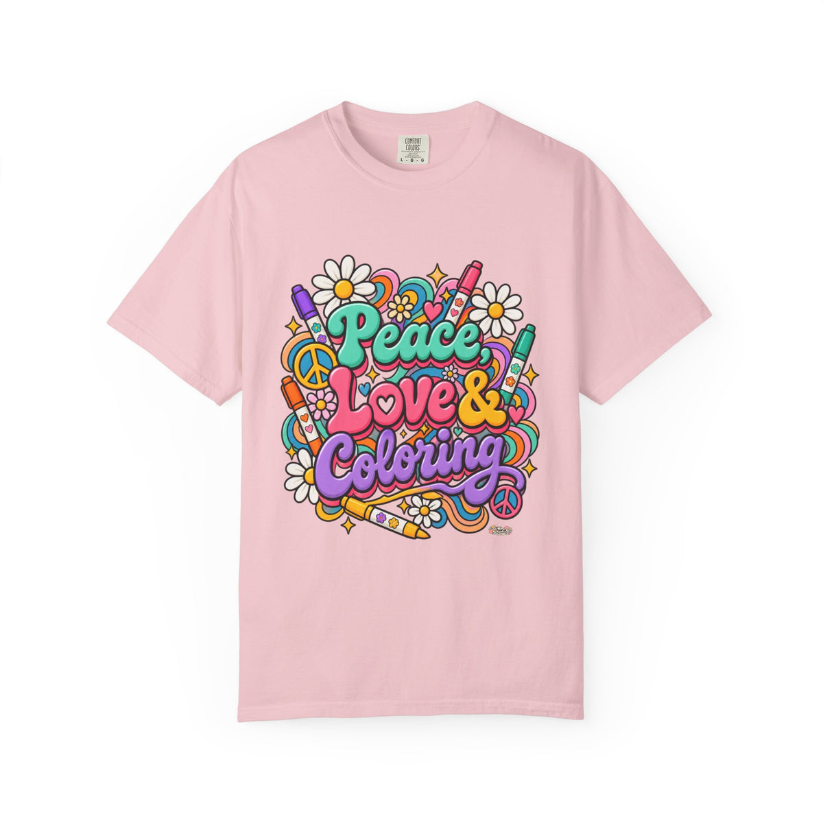 Peace, Love & Coloring T-Shirt — Retro Floral Crayon Graphic Tee