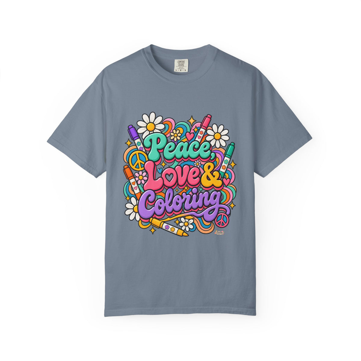 Peace, Love & Coloring T-Shirt — Retro Floral Crayon Graphic Tee