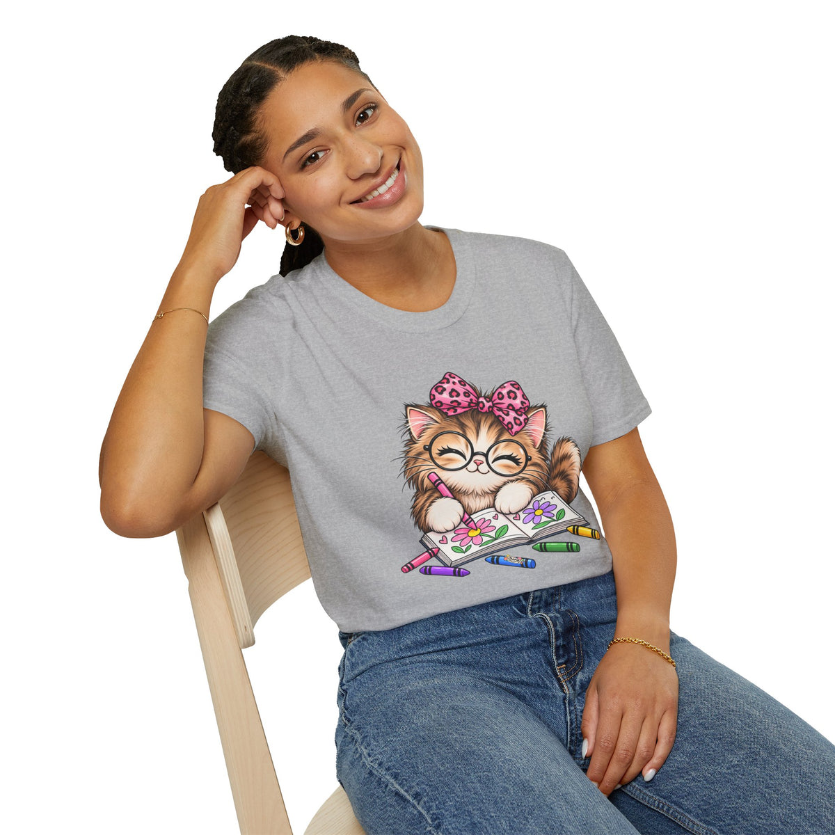 Cute Cat Coloring T-Shirt — Kitty with Crayons Graphic Tee
