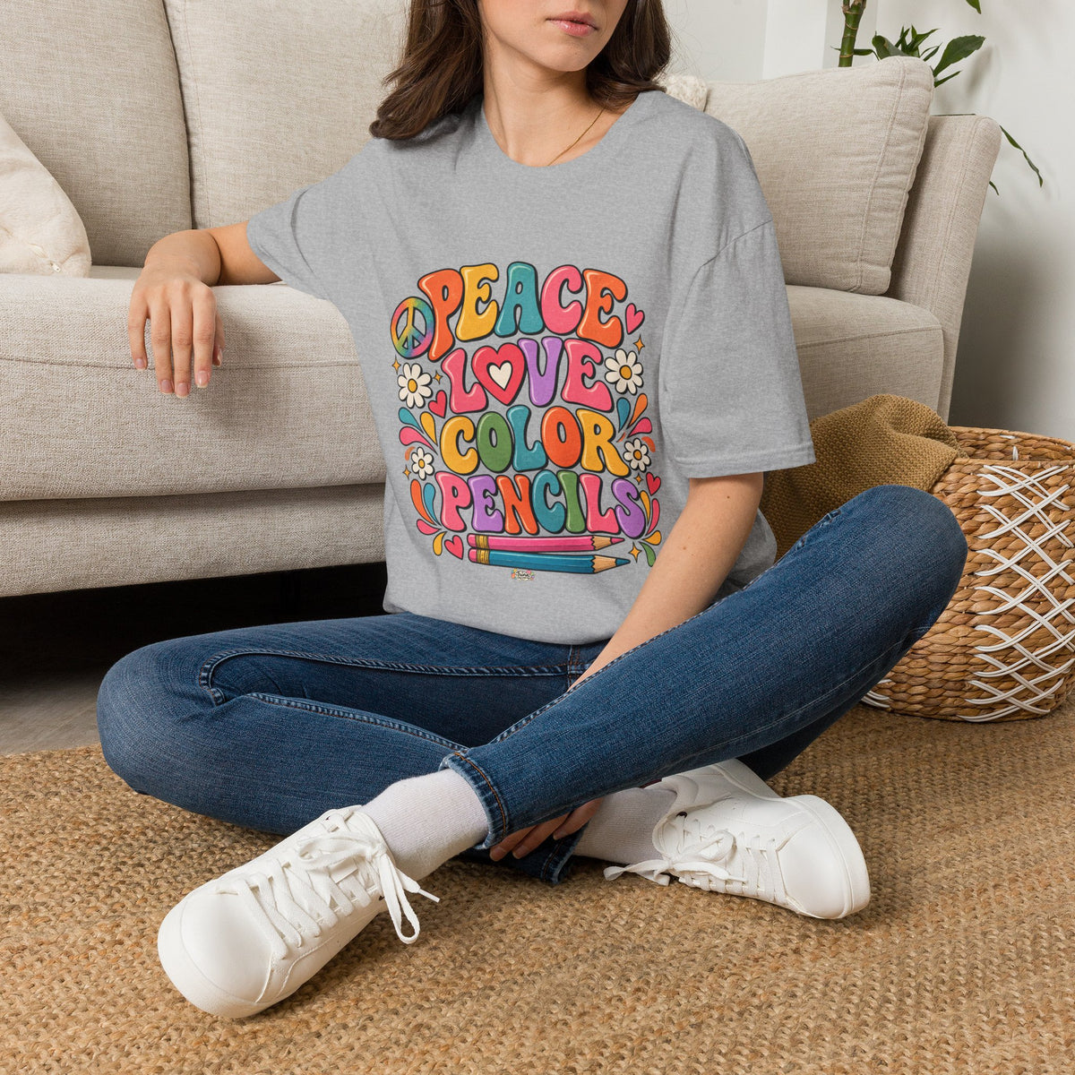 Peace Love Color Pencils T-Shirt — Retro Art Teacher & Artist Gift