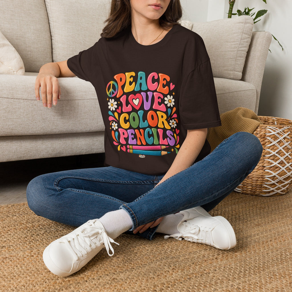 Peace Love Color Pencils T-Shirt — Retro Art Teacher & Artist Gift