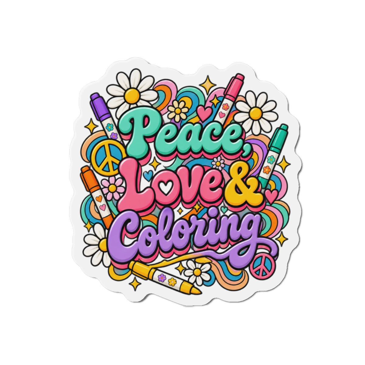 Peace, Love & Coloring Die-Cut Magnet — Retro Doodle Flower Hippie Fridge Sticker