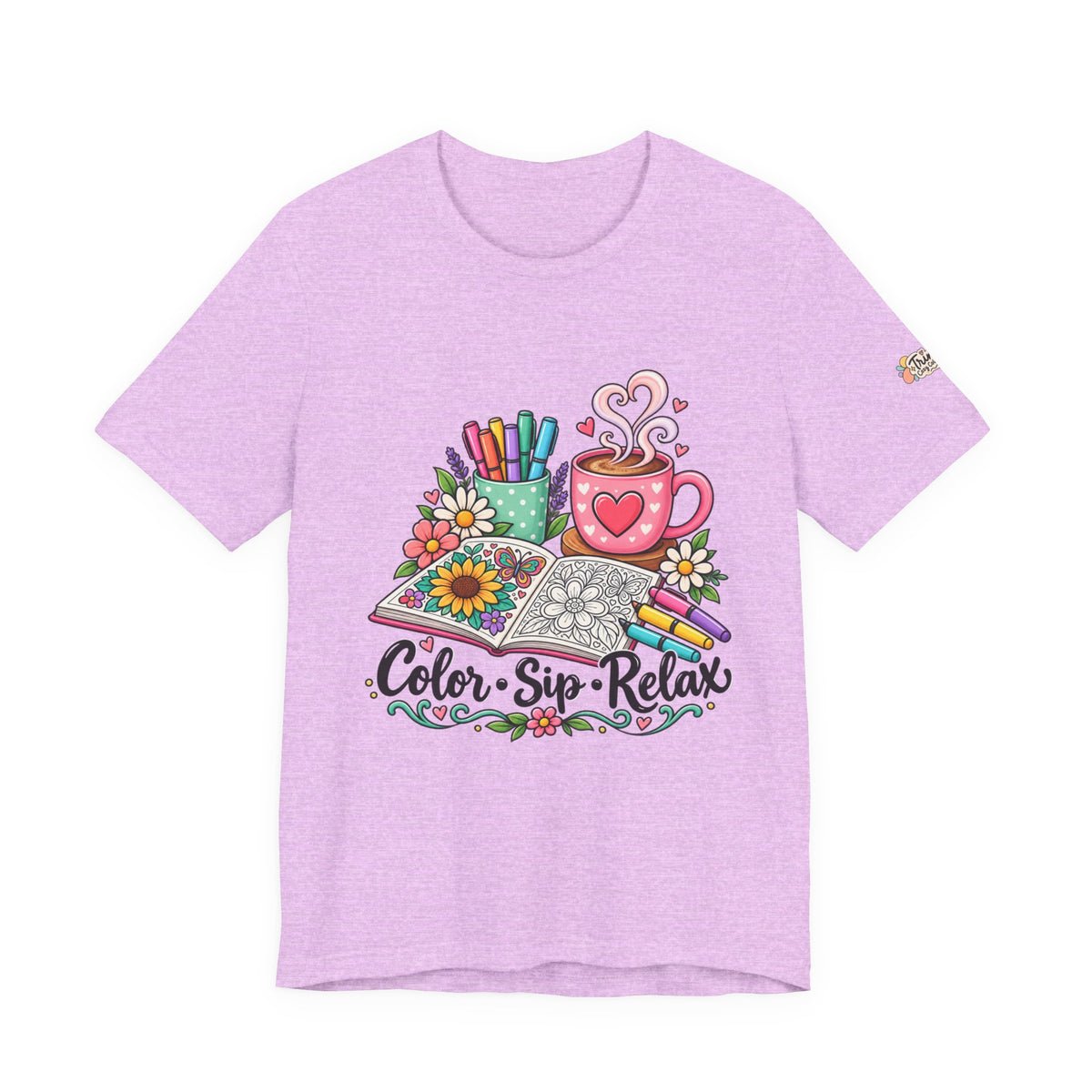Color, Sip, Relax Tee — Coloring Book & Coffee Graphic T-Shirt