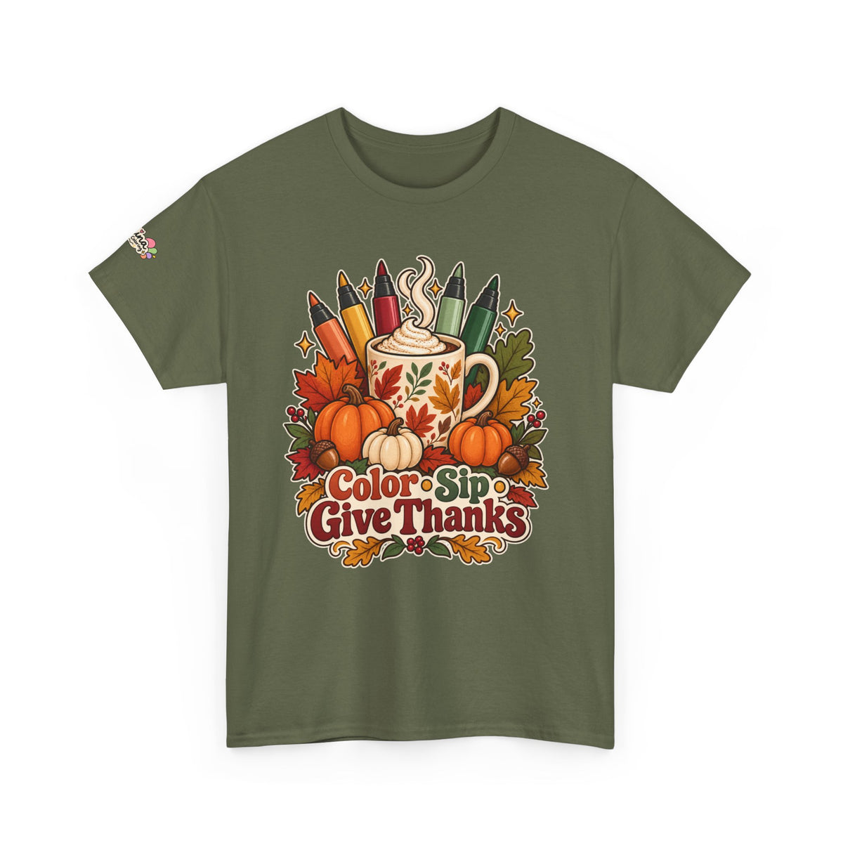 Color, Sip & Give Thanks Tee — Thanksgiving Mug & Fall Art Lovers Shirt