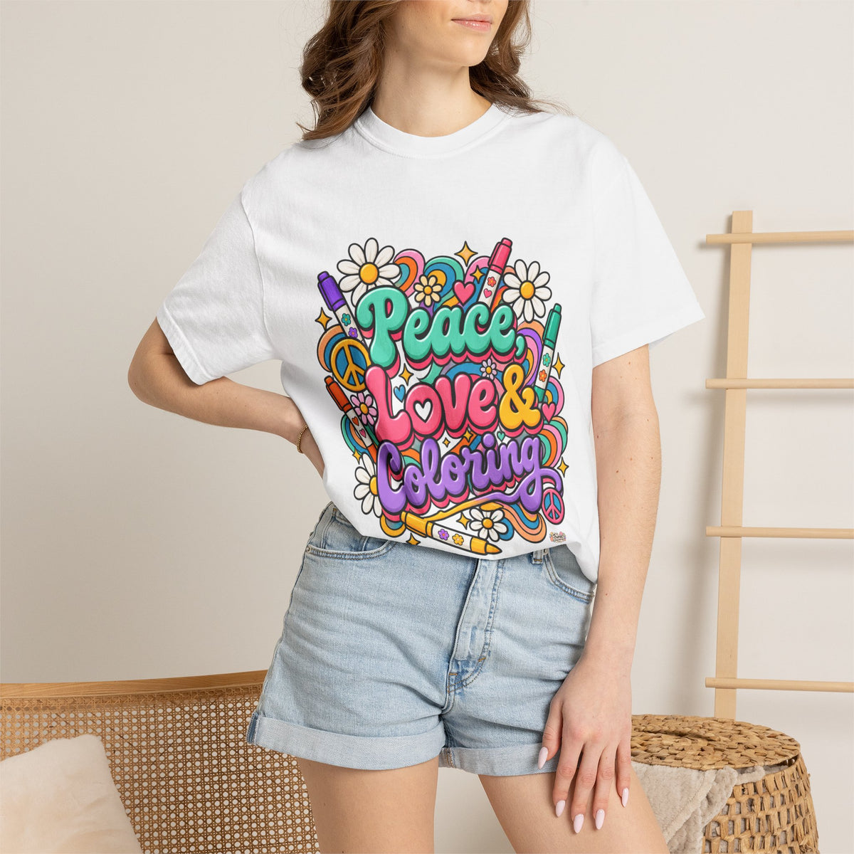 Peace, Love & Coloring T-Shirt — Retro Floral Crayon Graphic Tee