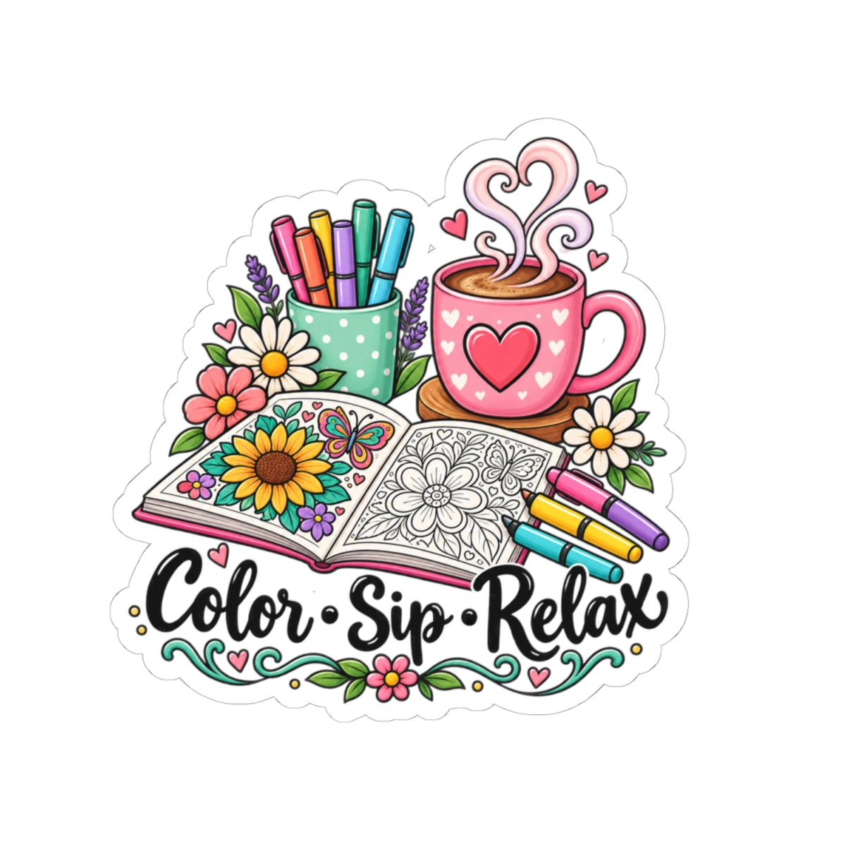 Color Sip Relax Sticker — Coloring Book & Coffee Vinyl Sticker for Crafters