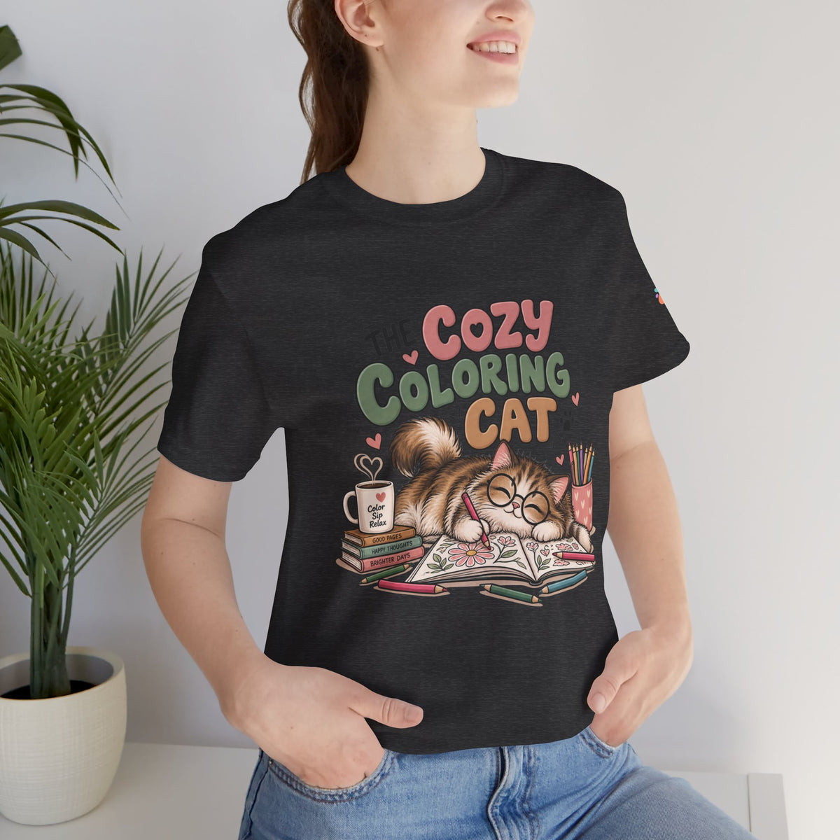 Cozy Coloring Cat T‑Shirt — Cute Cat & Coloring Book Graphic Tee