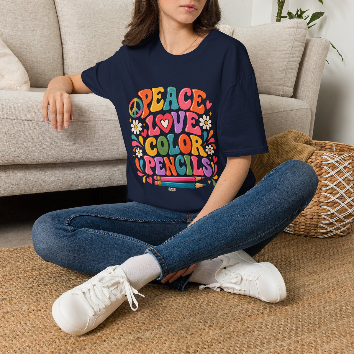Peace Love Color Pencils T-Shirt — Retro Art Teacher & Artist Gift