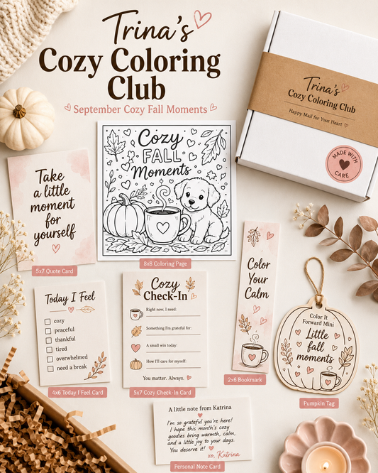 Monthly Coloring Subscription Box, Cozy Happy Mail Club, Adult Coloring Pages, Stickers and Self Care Gift