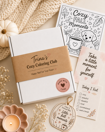 Monthly Coloring Subscription Box, Cozy Happy Mail Club, Adult Coloring Pages, Stickers and Self Care Gift