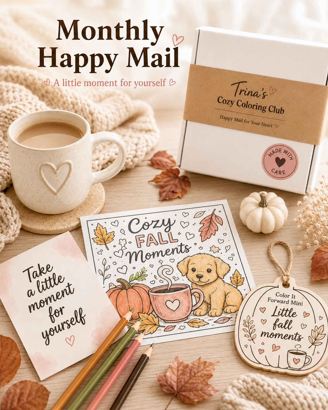 Monthly Coloring Subscription Box, Cozy Happy Mail Club, Adult Coloring Pages, Stickers and Self Care Gift