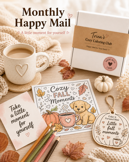 Monthly Coloring Subscription Box, Cozy Happy Mail Club, Adult Coloring Pages, Stickers and Self Care Gift