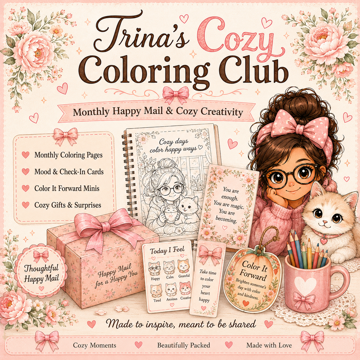 Monthly Cozy Happy Mail Subscription, Sticker and Art Print, Pen Pal Letter, Self-Care Gift, Snail Mail Surprise
